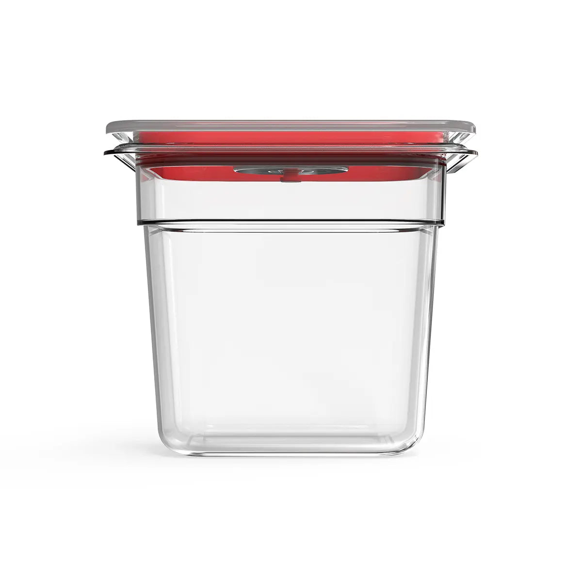Clear container with a red lid on a white background