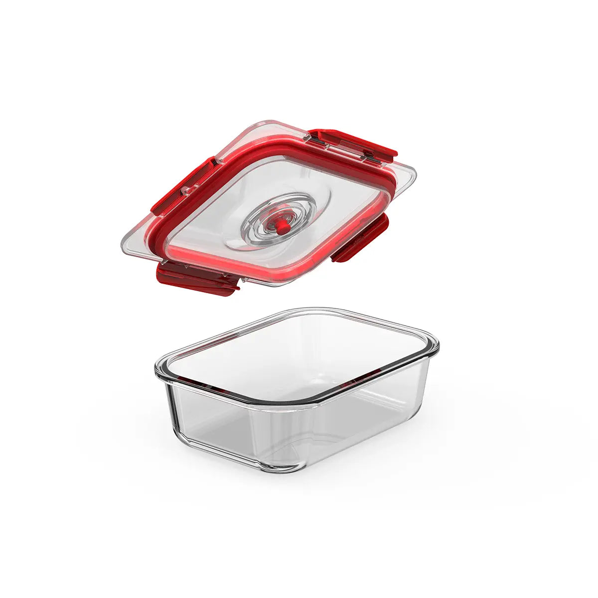 Glass food storage container with red lid on a white background