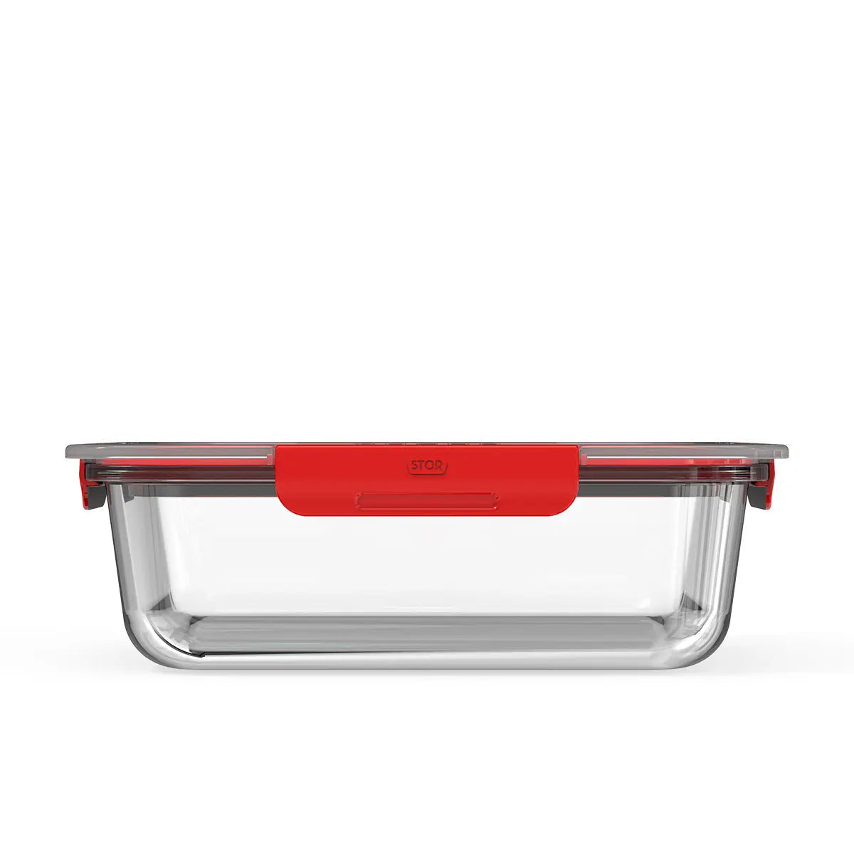Clear storage container with a red lid on a white background
