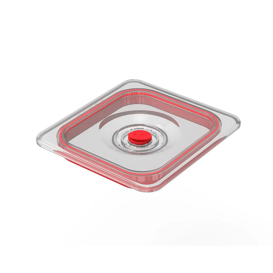 Clear plastic container with a red button on a white background