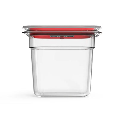 Clear container with a red lid on a white background