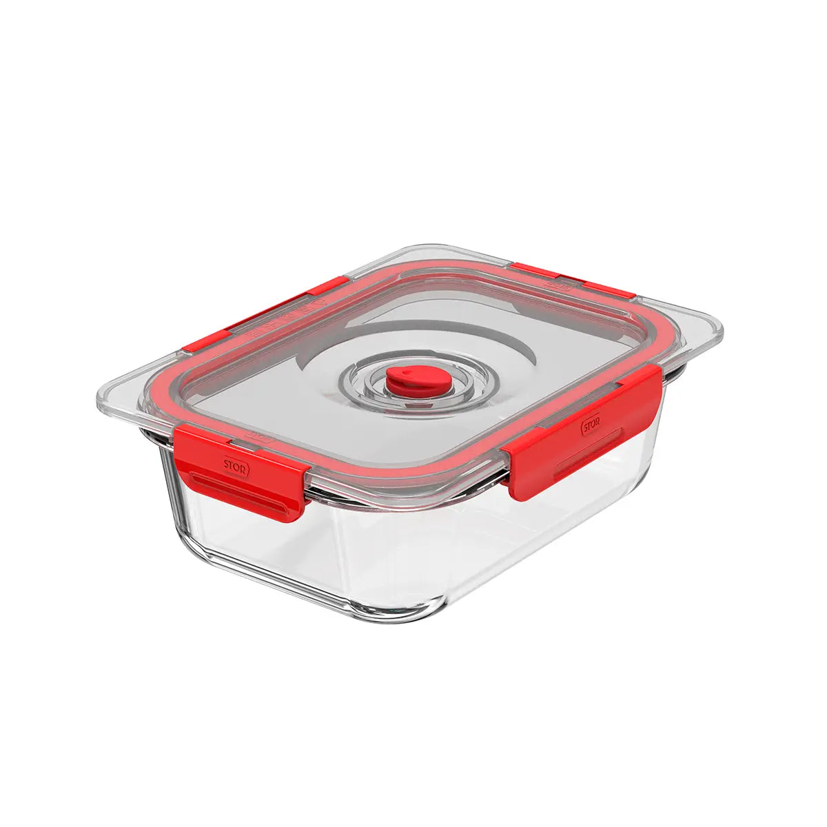 Glass food storage container with red lid on a white background