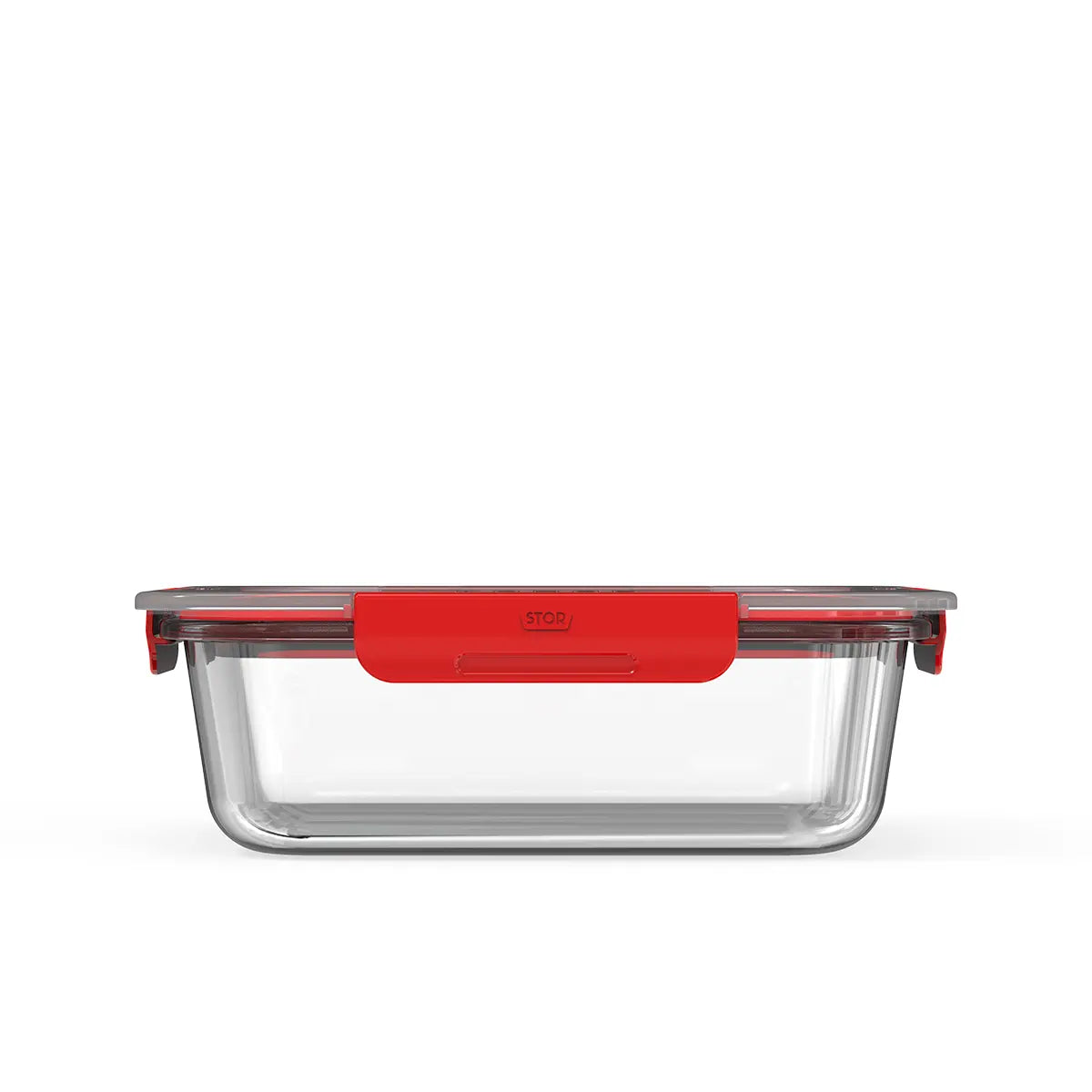 Clear glass food storage container with red lid on a white background