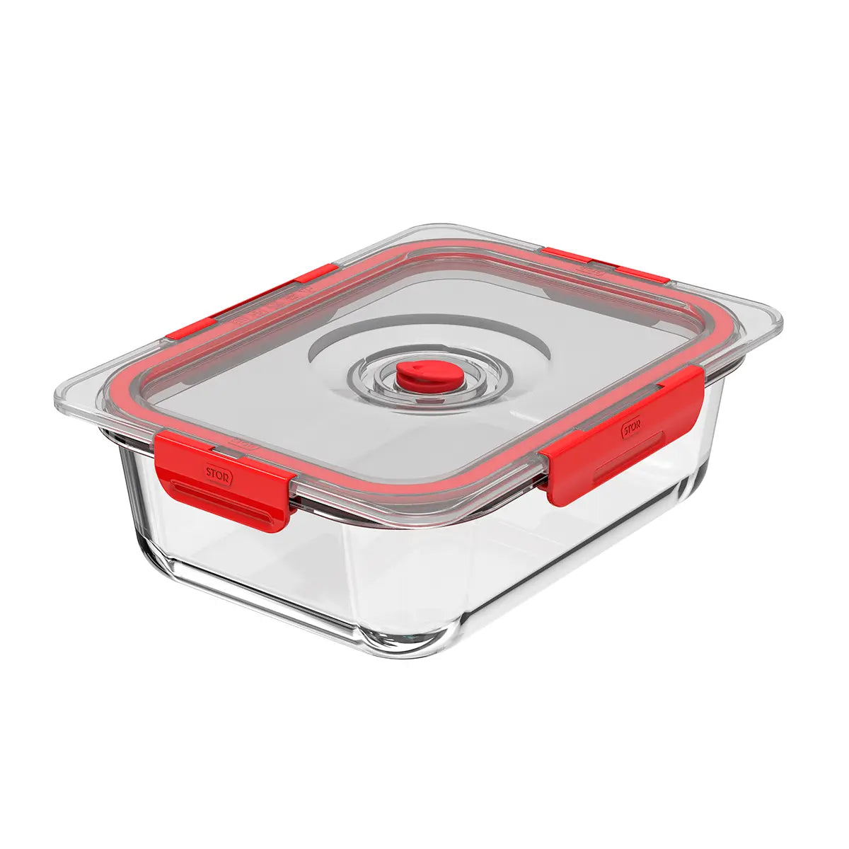 Glass food storage container with red lid on a white background