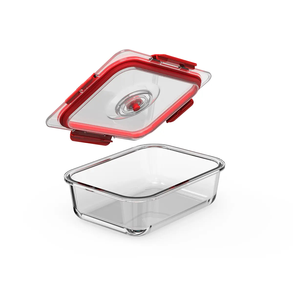 Clear rectangular food container with red lid on a white background