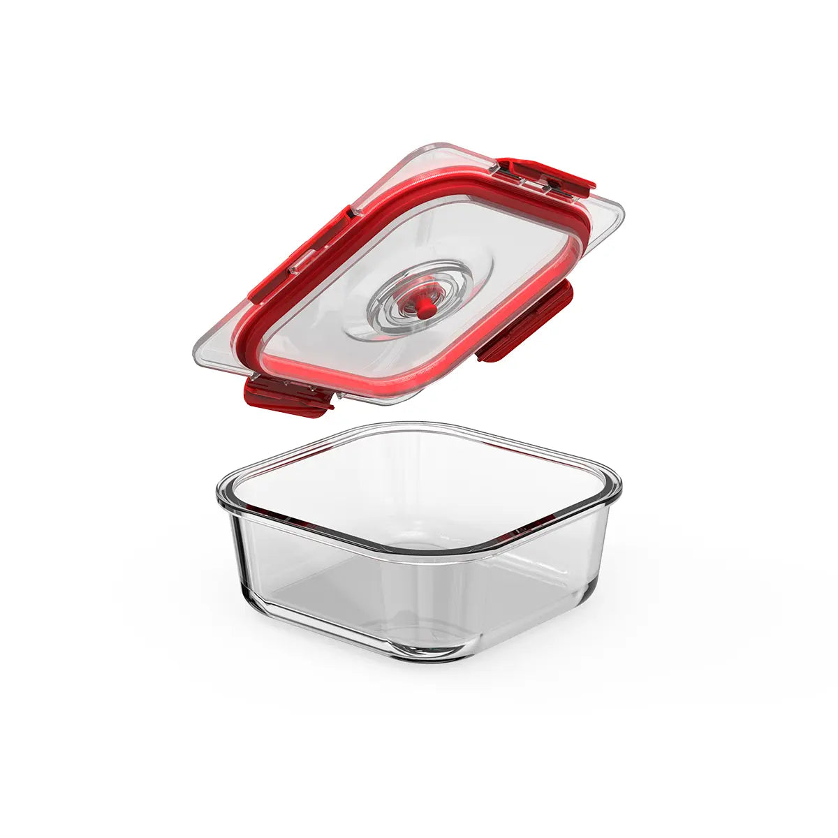 Clear glass food container with red lid on a white background