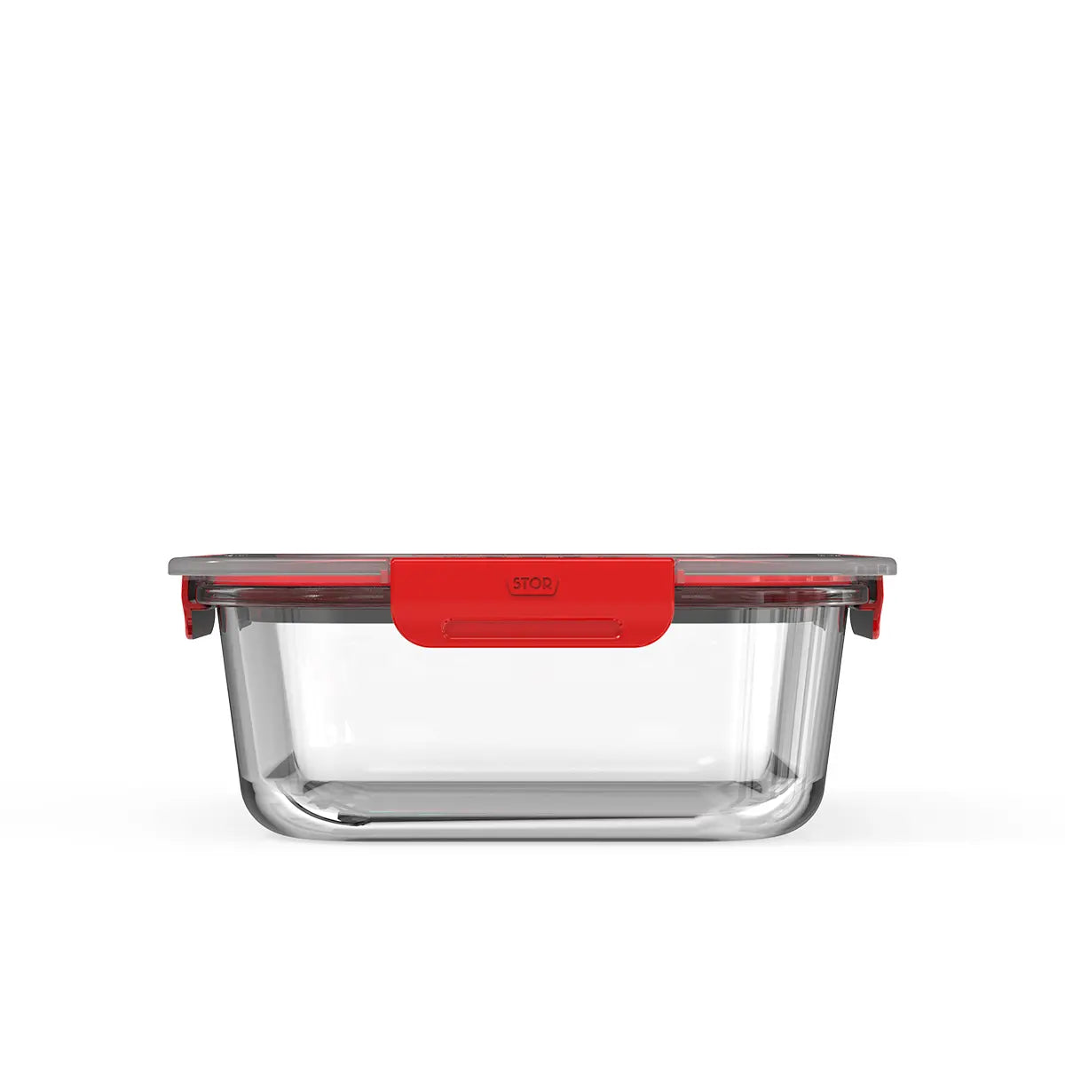 Clear rectangular food container with red lid on a white background