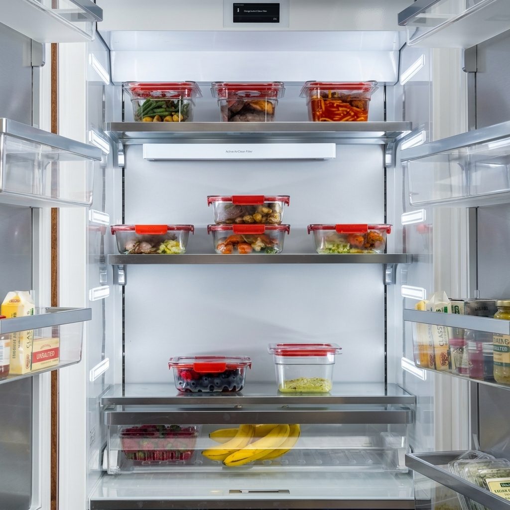A refrigerator stocked with food kept fresh in STOR containers