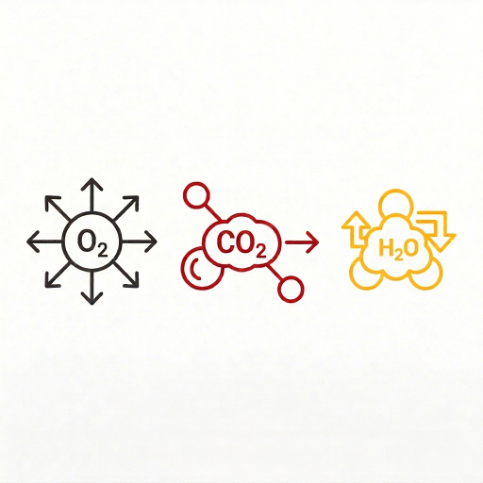 STOR gas analysis icons: oxygen release, CO2, and modified atmosphere balance