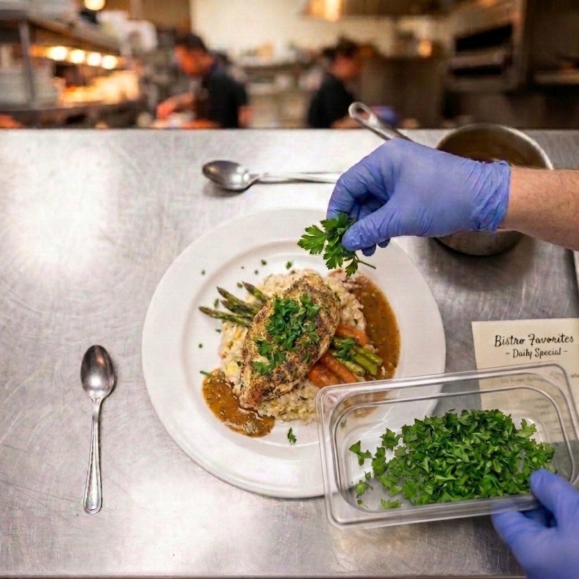 Chef plating a dish and garnishing with fresh parsley on a stainless prep line